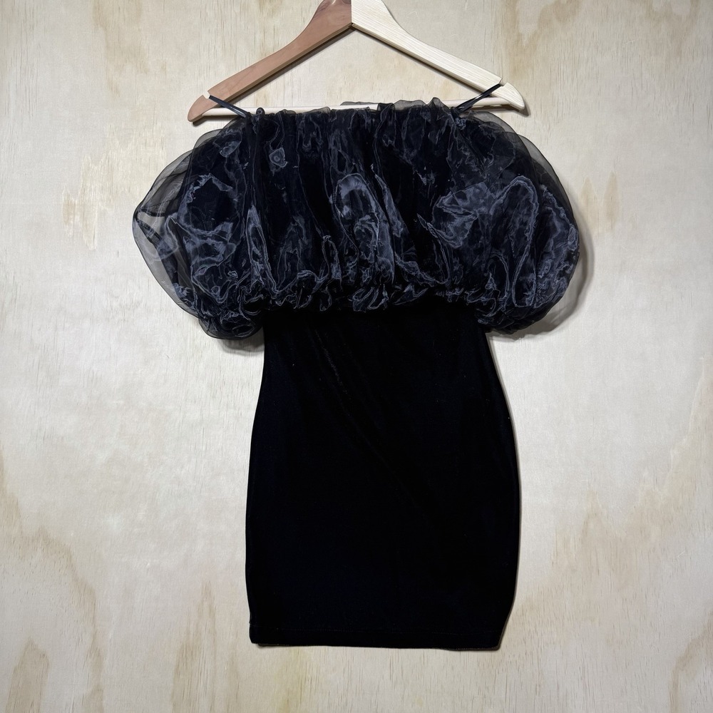 Zara Black Mini Dress XS Sheer Organza Puff Sleeve Off Shoulder Bodycon Party